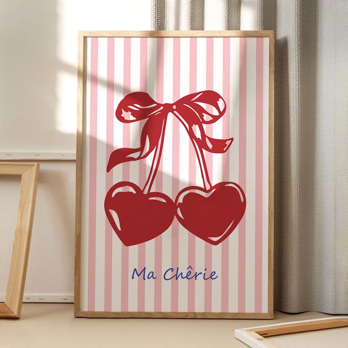 Ma Cherie Red Heart Bow Pink Stripes French Romantic Decor Poster