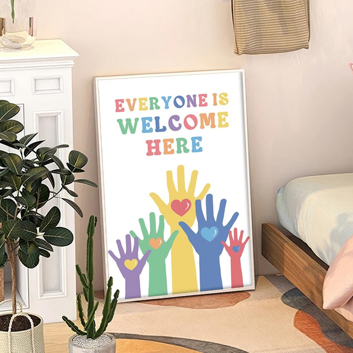 Everyone Is Welcome Here Colorful Hands Inclusivity Classroom Wall Poster