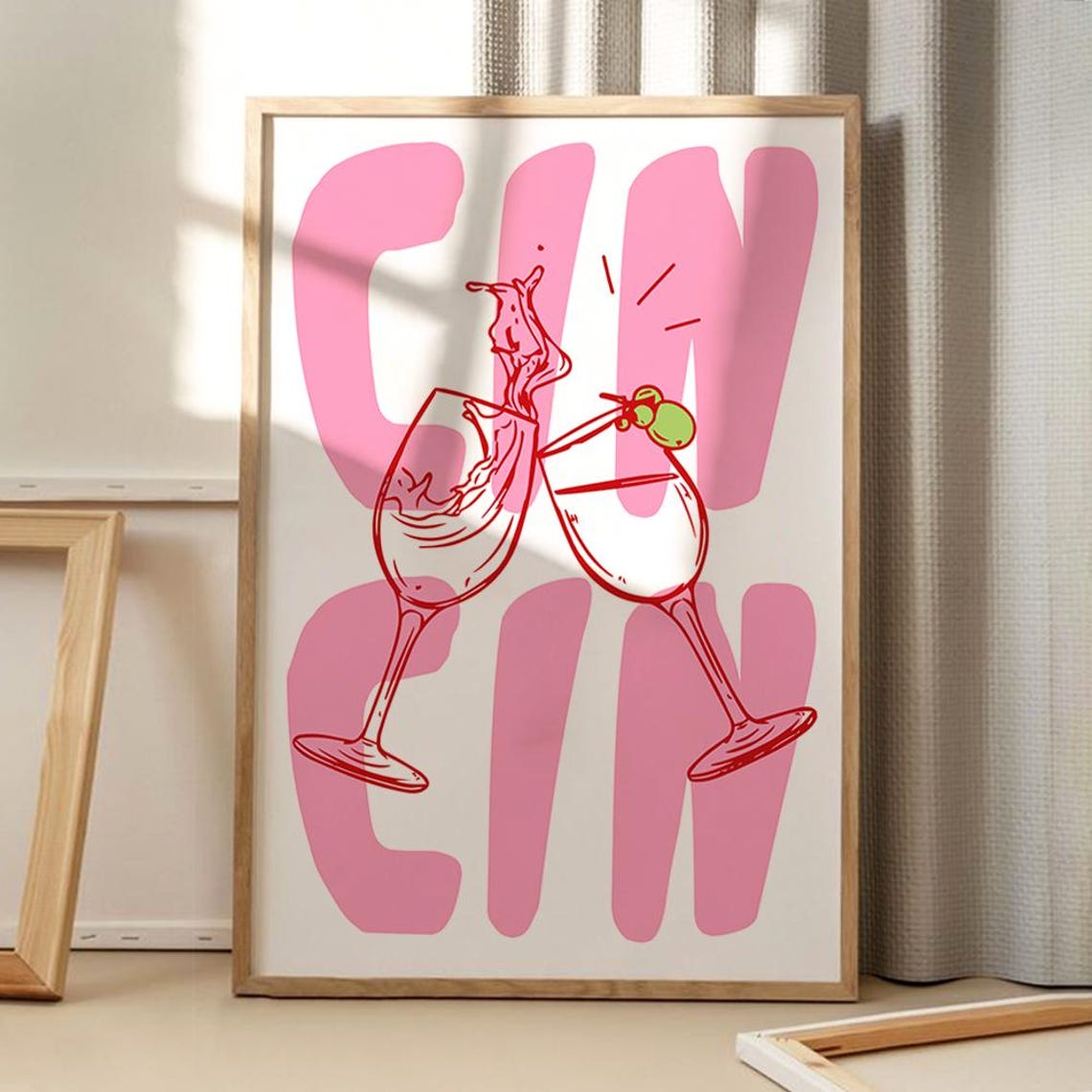 Cin Cin Cheers Pink Retro Wine Glasses Kitchen Bar Cart Poster