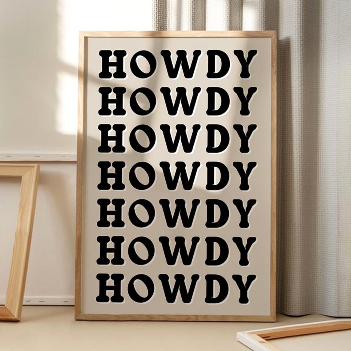 Howdy Retro Typography Poster, Beige Framed Trendy Western Greeting Wall Decor