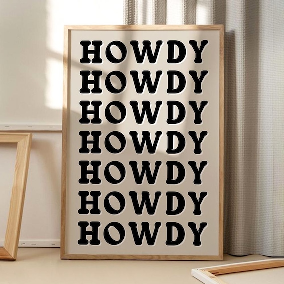 Howdy Retro Typography Poster, Beige Framed Trendy Western Greeting Wall Decor