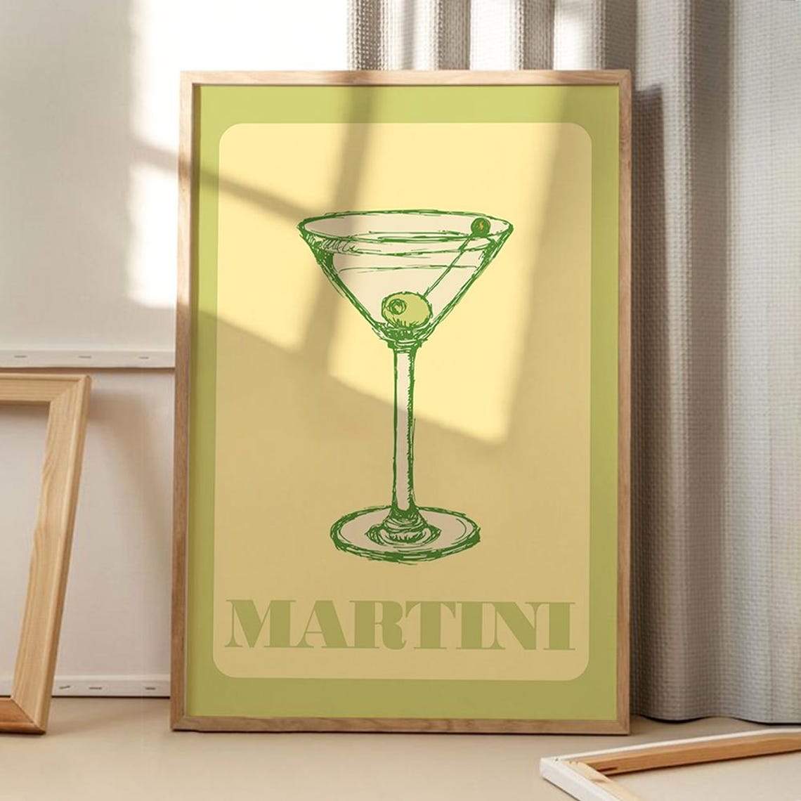 Martini Cocktail Green Line Art Retro Bar Cart Kitchen Wall Poster