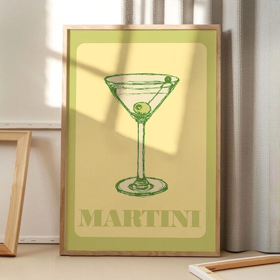 Martini Cocktail Green Line Art Retro Bar Cart Kitchen Wall Poster