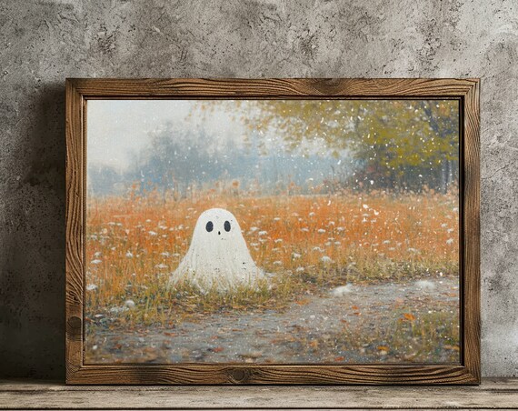 Cute Ghost In Misty Autumn Field Orange Flowers Halloween Poster