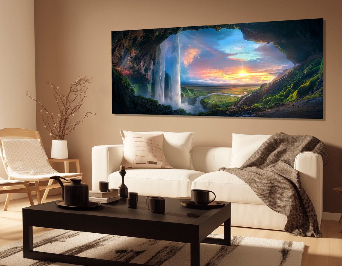 Scenic Waterfall Seljalandsfoss In Island Abstract Print Waterfall Painting Iceland Nature Poster Framed Ready To Hang - Image 2