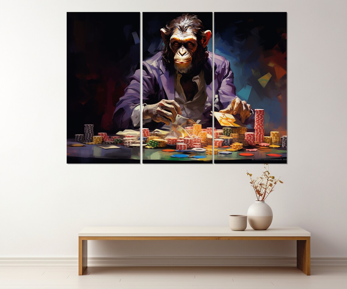 Monkey Playing Poker Casino Chips Cards Funny Animal Gambler Poster - Image 4