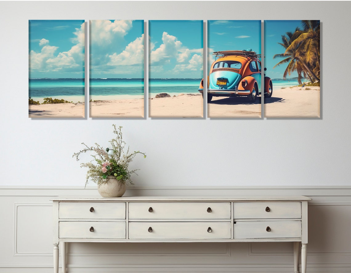 Cancun Beach Retro Volkswagen Beetle Surfboard Tropical Shore Poster - Image 3