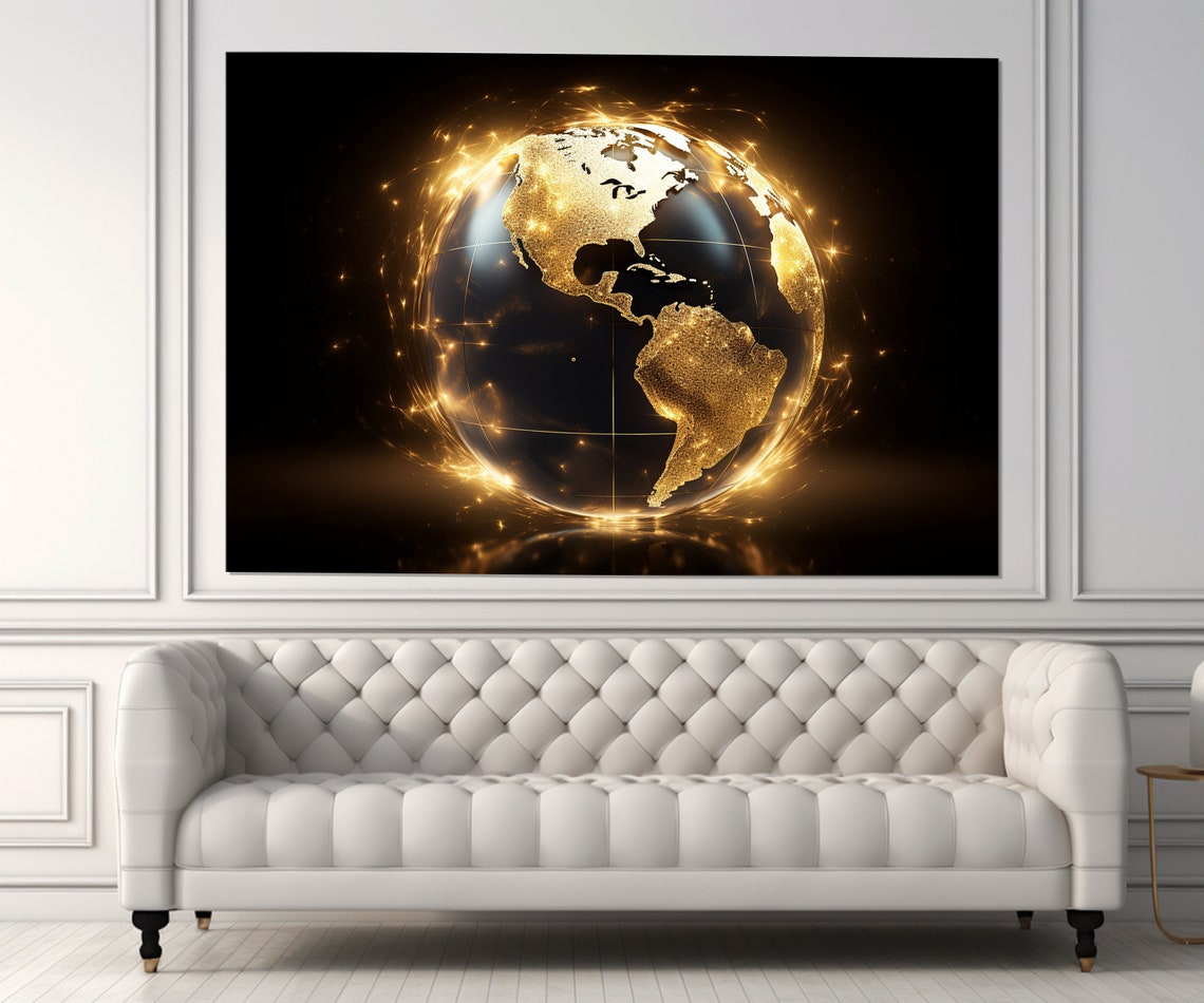 Abstract Golden Earth Americas Globe Sparkling Black Wall Art Print