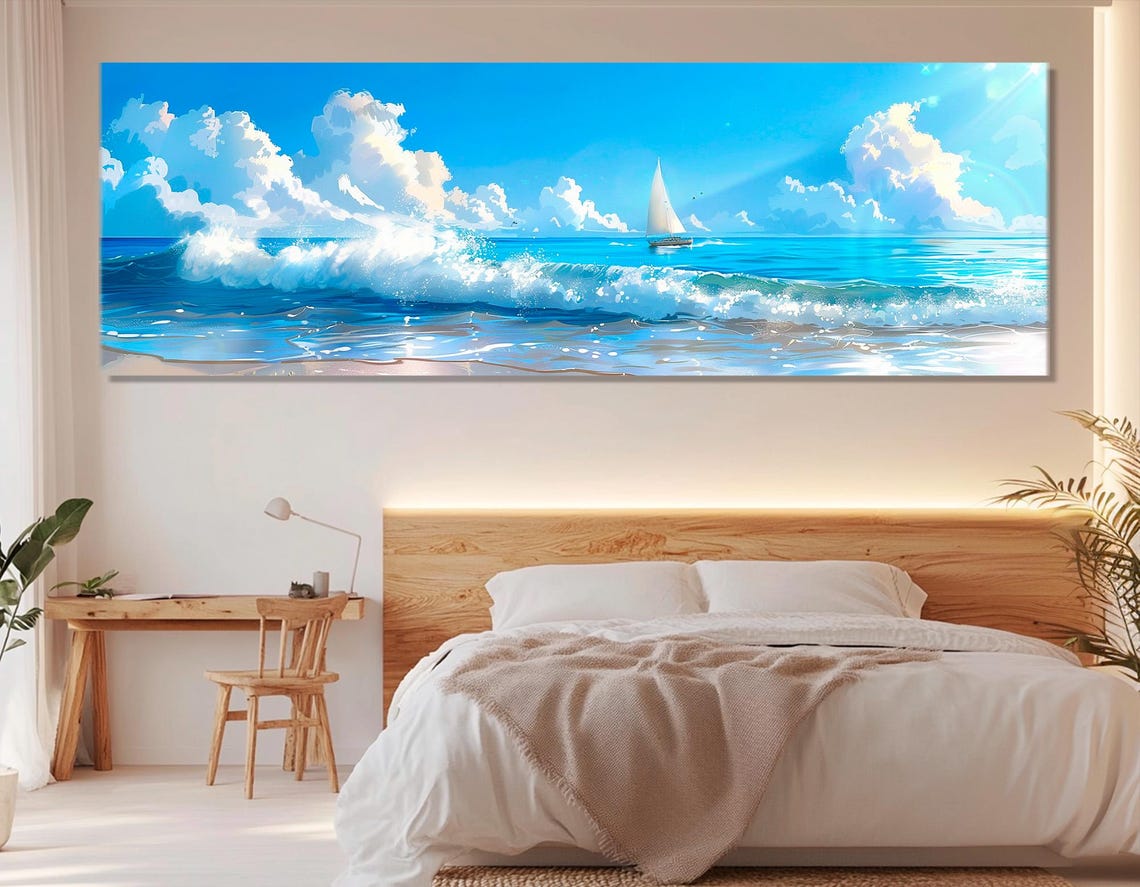 Turquoise Ocean Waves Sailboat Bright Blue Sky Panorama Beach Poster