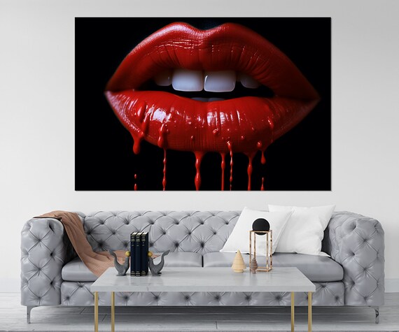 Dripping Red Lips On Black Background Bold Pop Art Beauty Wall Poster