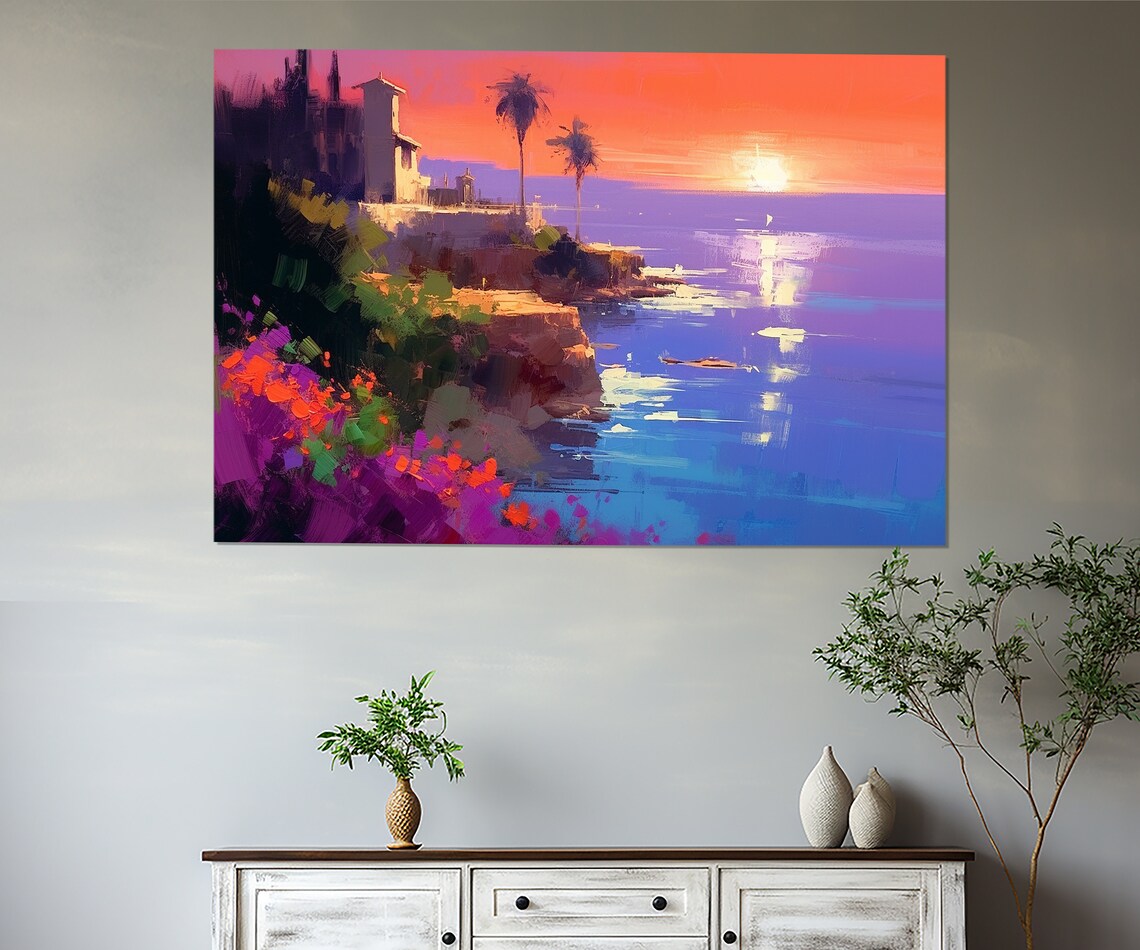 Colorful Coastal Cliff Villa Sunset Palm Trees Tropical Art Poster - Image 4