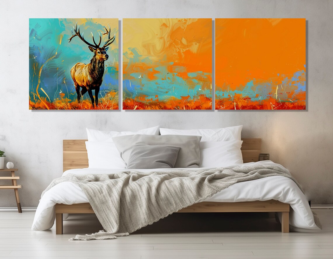 Elk Antlers Turquoise Orange Abstract Sky Wild Stag Painting Poster - Image 3
