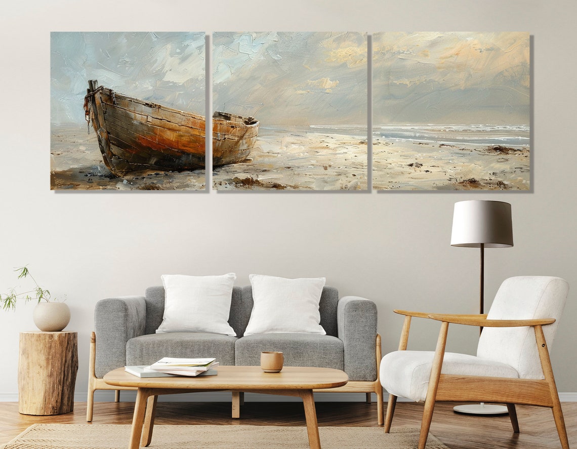 Weathered Old Boat On Pale Beach Soft Neutral Seascape Print - Image 3