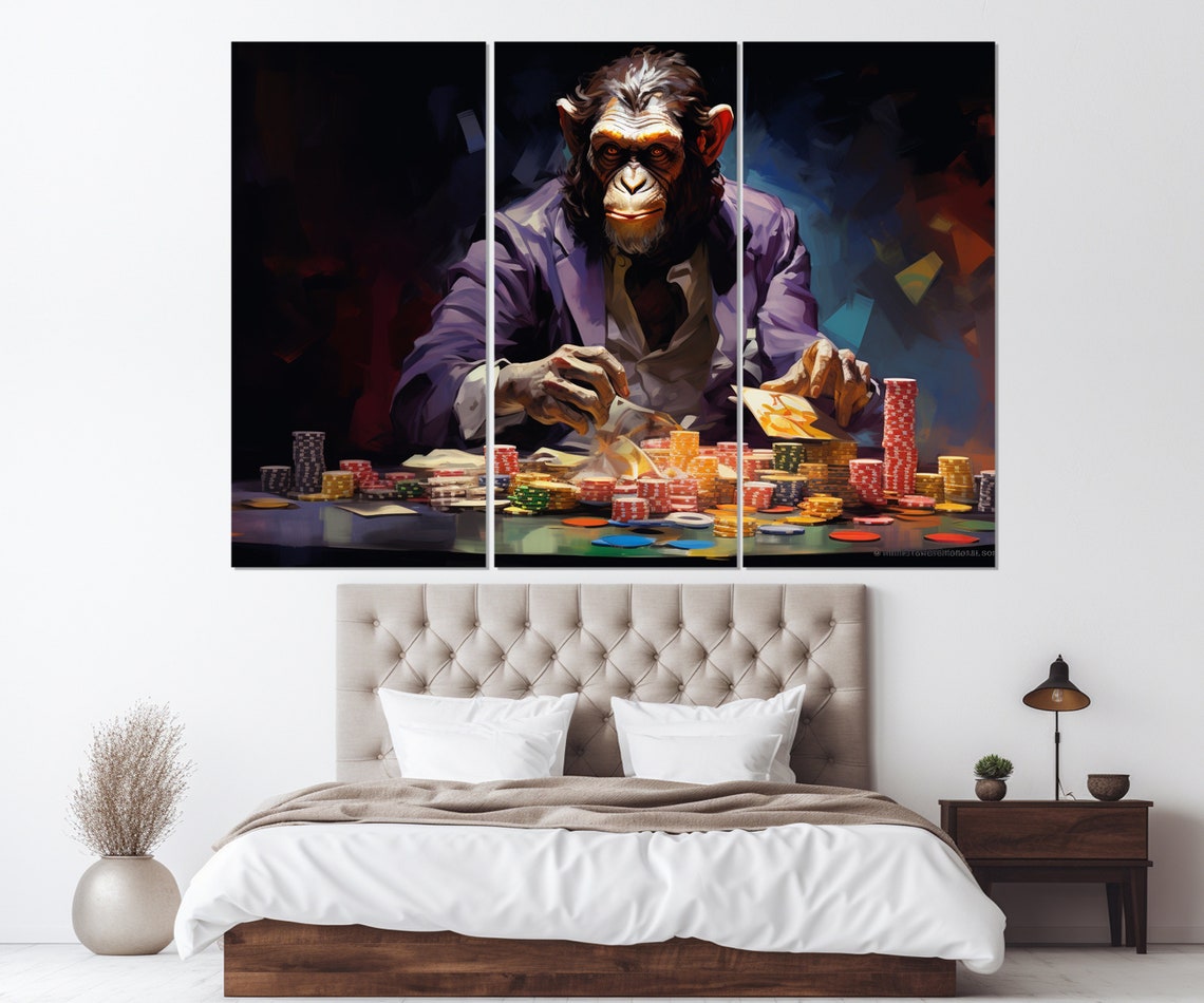 Monkey Playing Poker Casino Chips Cards Funny Animal Gambler Poster - Image 2
