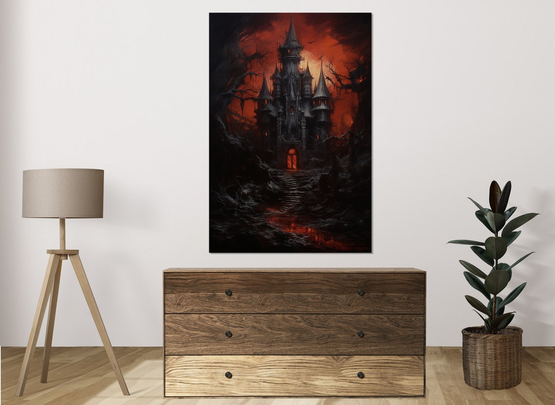 Black Gothic Castle Against Burning Red Sky Dracula Art Wall Poster - Image 2