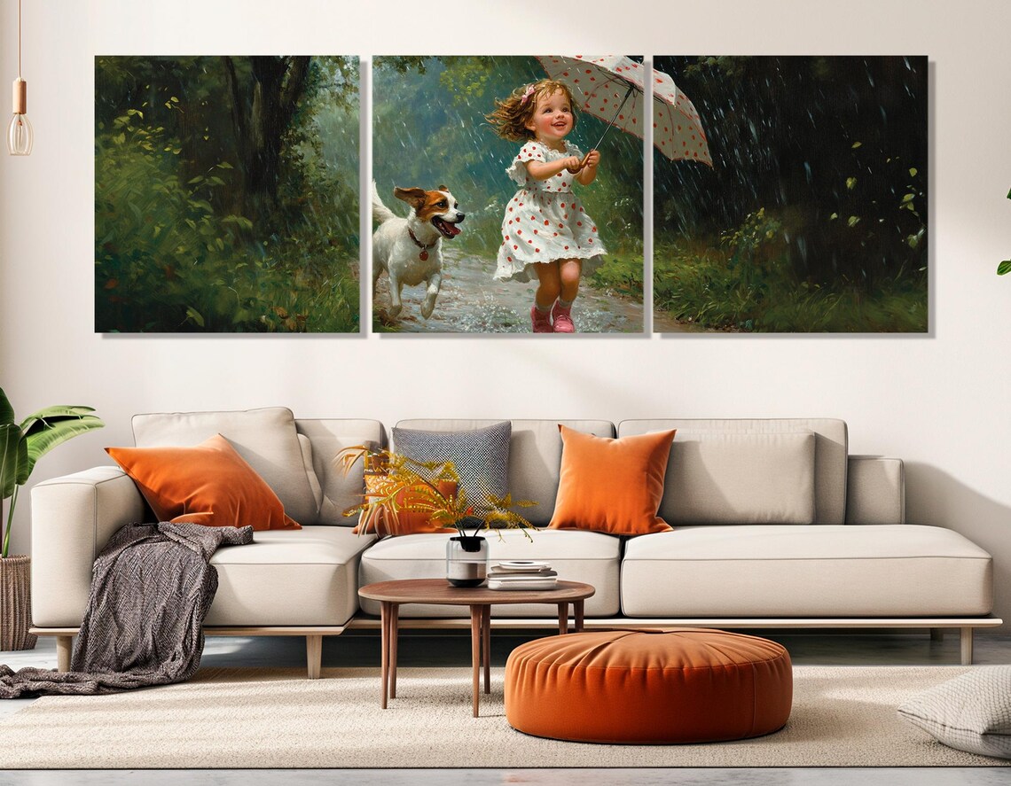 Happy Girl And Dog Playing In Rain Umbrella Cheerful Kids Art Print - Image 4