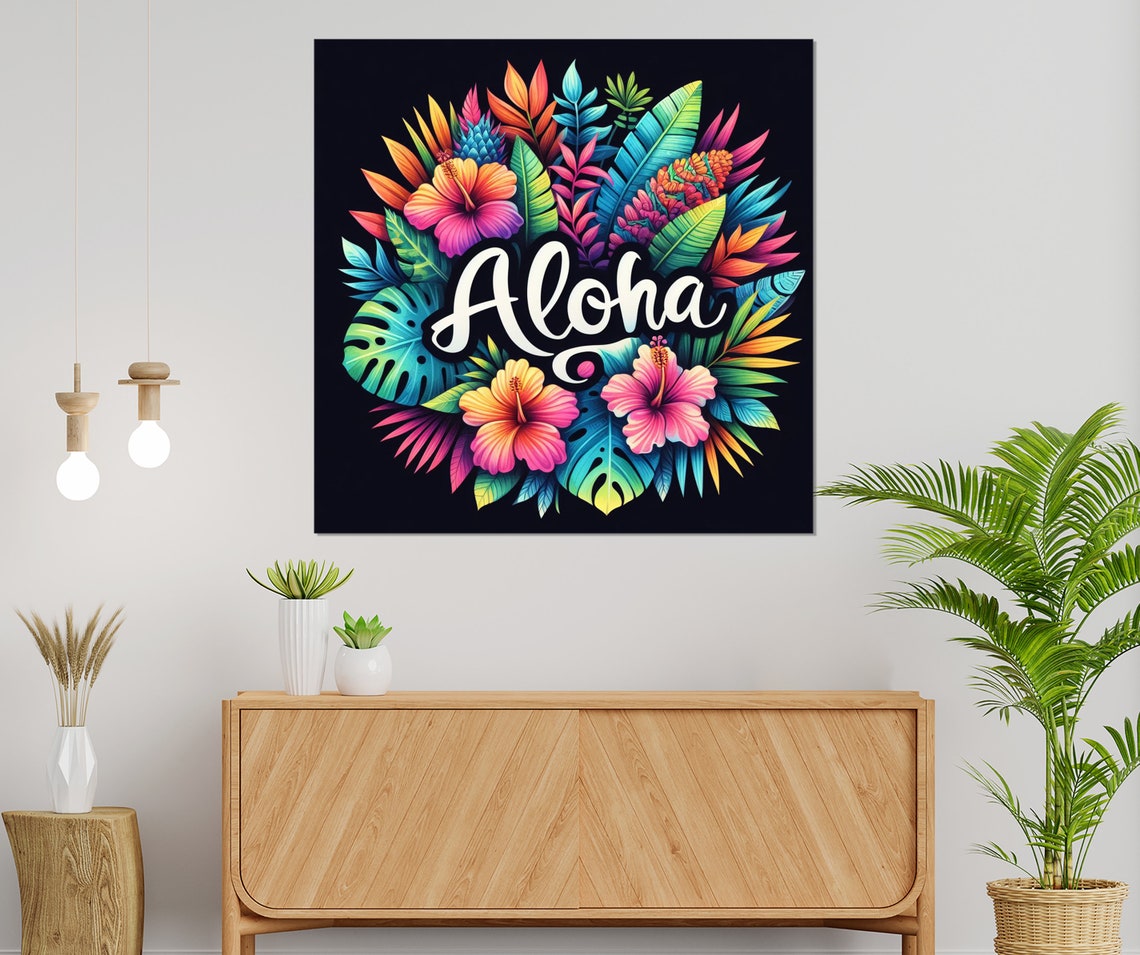 Aloha Neon Hibiscus Wreath Monstera Leaves Black Background Wall Art - Image 4