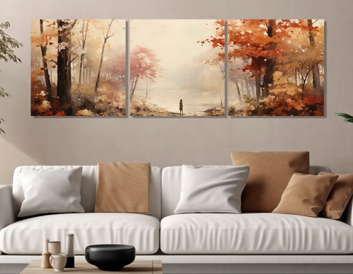 Autumn Forest Lone Figure Misty Lake Red Leaves Panoramic Poster - Image 2