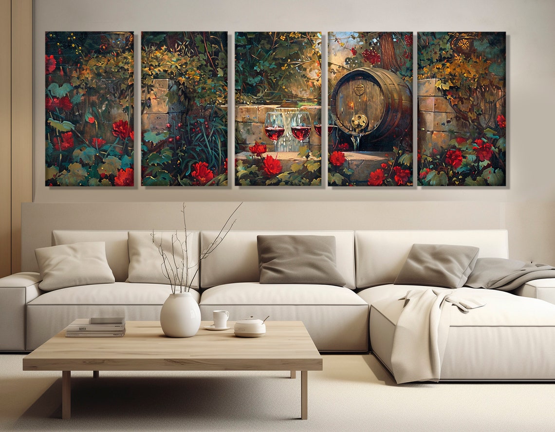 Vintage Wine Barrel Rose Garden Glasses Rustic Winery Wall Art - Image 3