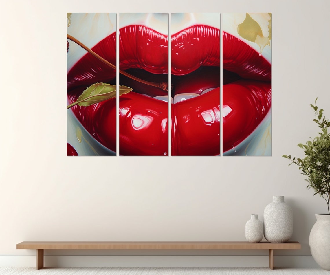 Glossy Red Lips With Cherry Stem Pop Art Beauty Fashion Wall Poster - Image 2
