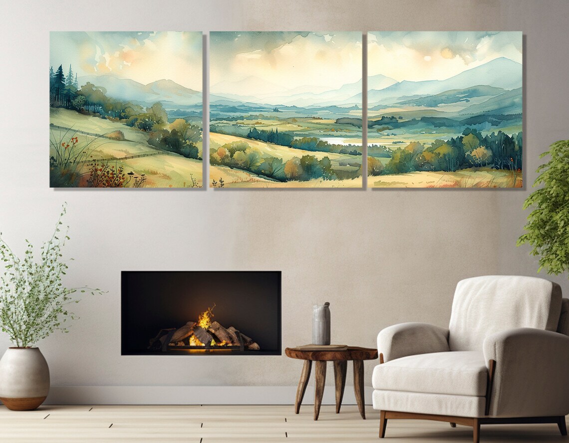 Neutral Green Meadow Landscape Art Print, Rustic Decor - Image 4