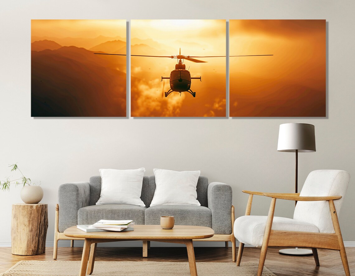 Helicopter Silhouette Flying Golden Sunset Mountain Aircraft Wall Art - Image 4