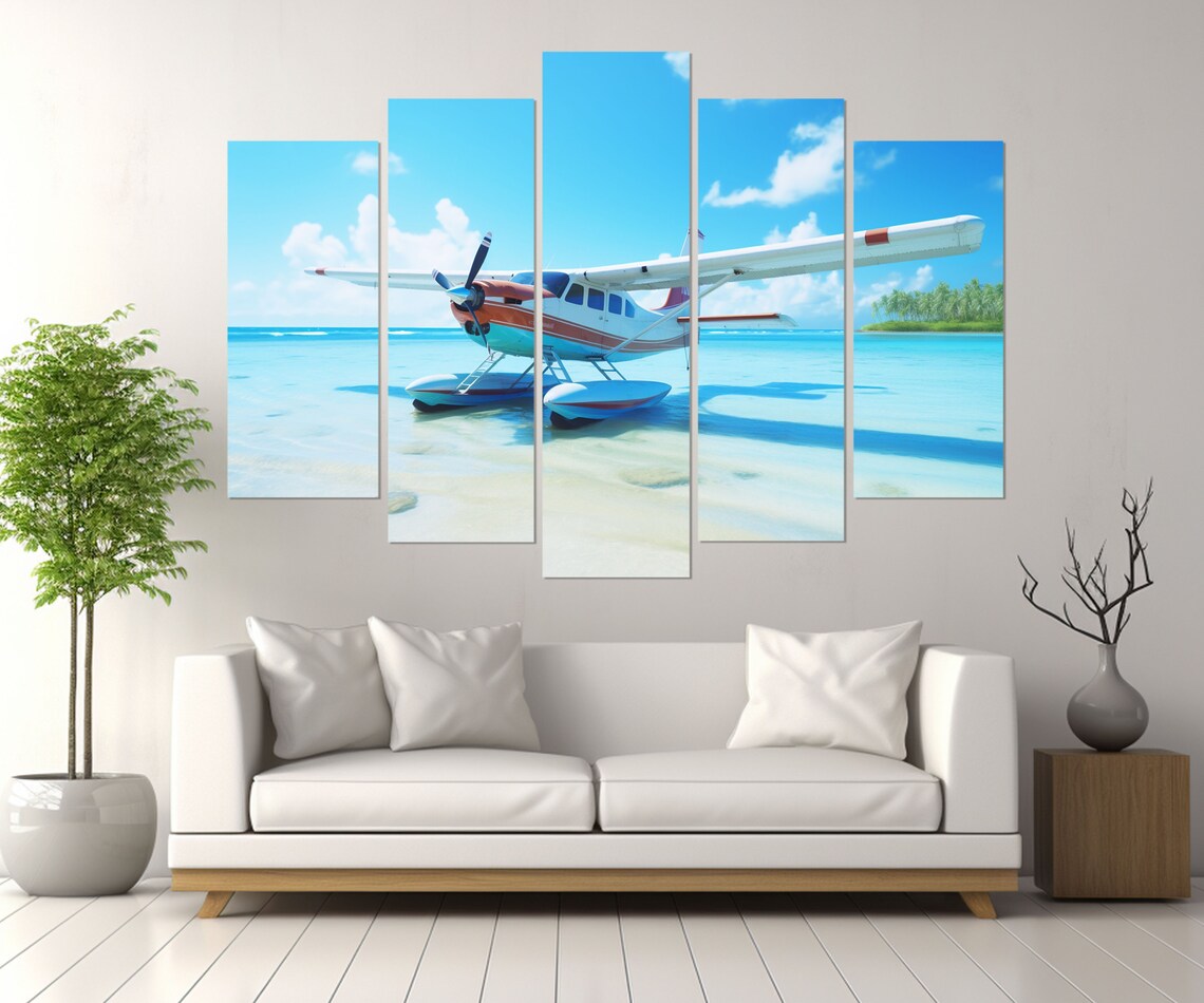 Seaplane Floating On Turquoise Beach Water Sunny Sky Travel Poster - Image 3