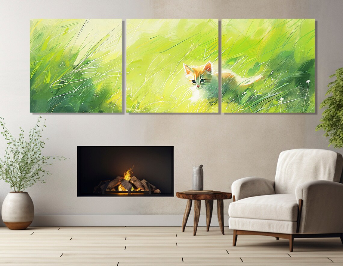 Orange Kitten Tall Green Grass Watercolor Nursery Animal Art Poster - Image 4