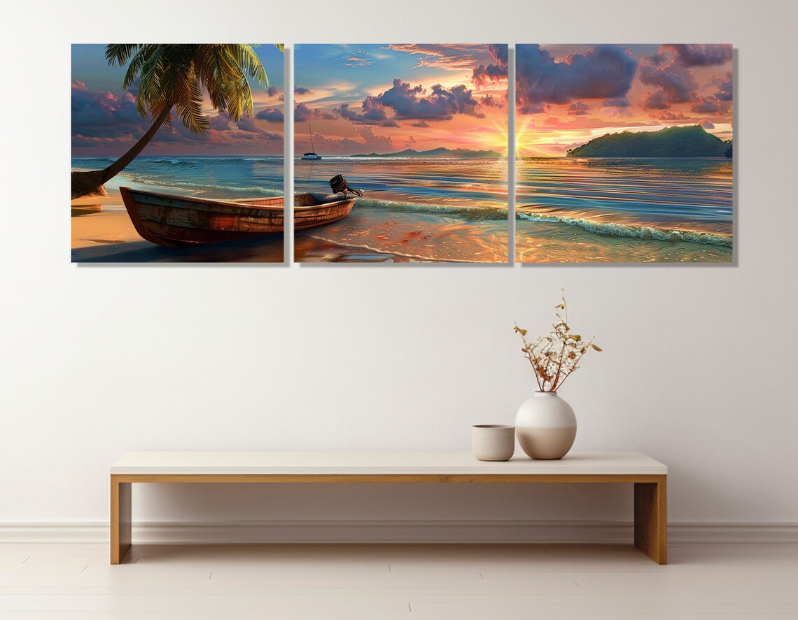 Weathered Fishing Boat Tropical Sunset Palm Shore Island Travel Poster - Image 3