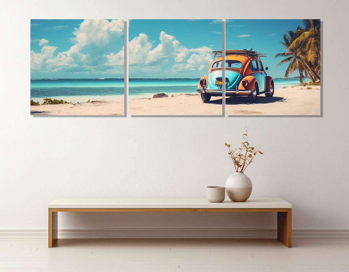 Cancun Beach Retro Volkswagen Beetle Surfboard Tropical Shore Poster - Image 4
