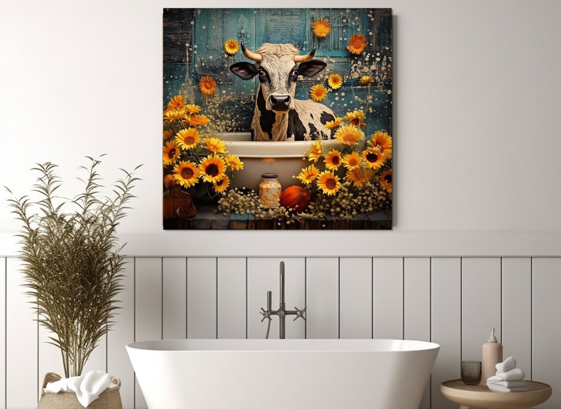 Highland Cow In A Bathtub Surrounded By Yellow Sunflowers Poster