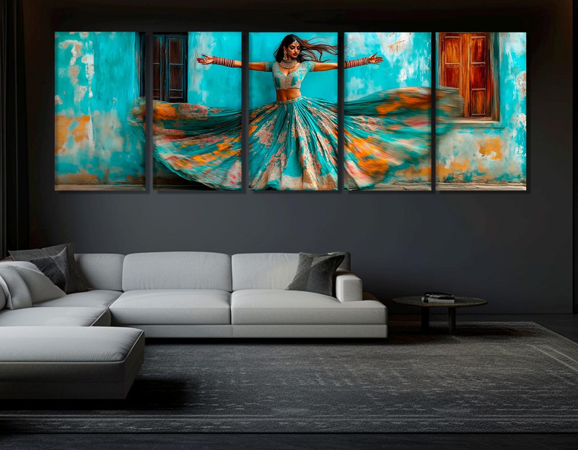Beautiful Indian Girl In Indian National Dress Dancing On The Street Painting Print Indian Wall Art Framed Ready To Hang - Image 3