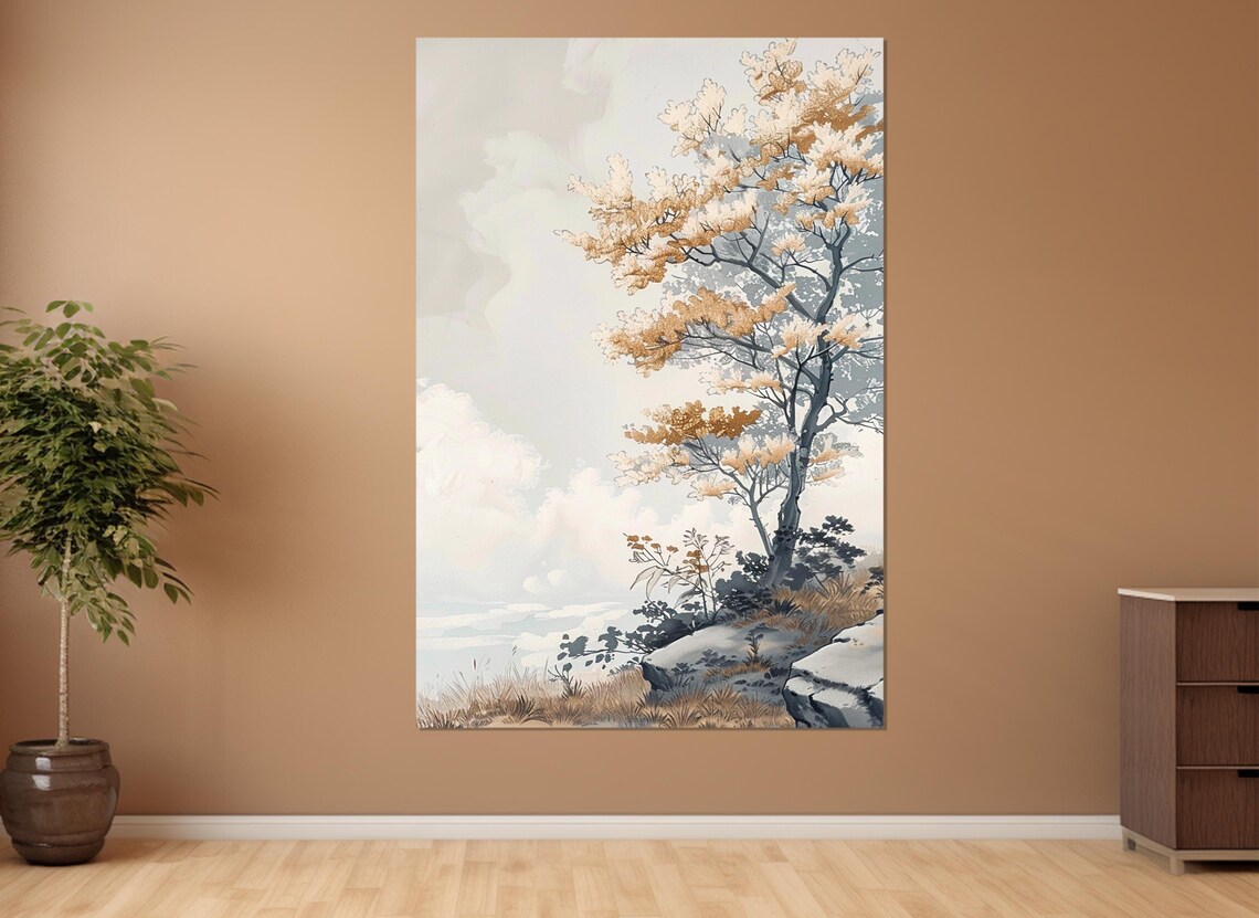 Japanese Ukiyo Tree Painting Art Print, Nature Decor