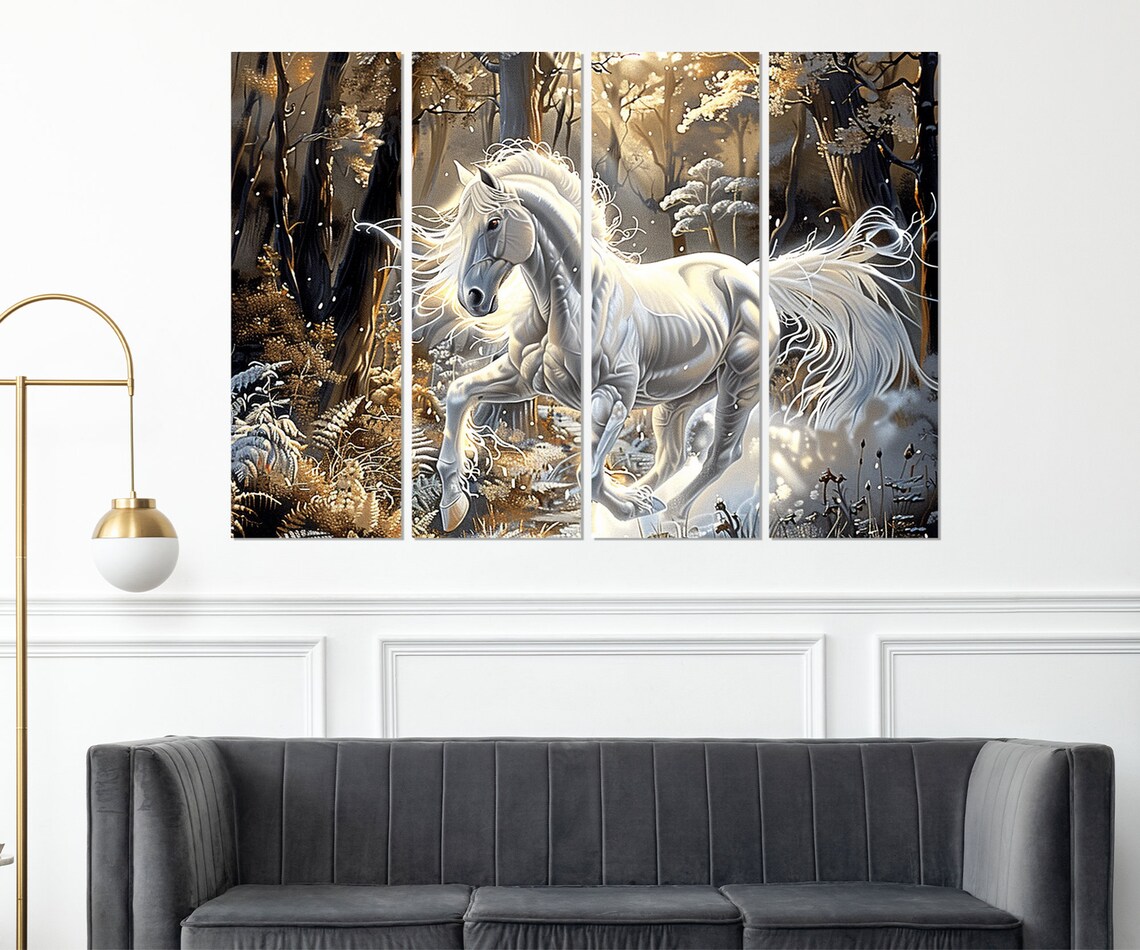 White Horse Galloping Golden Snowy Forest Fantasy Majestic Wall Art - Image 3