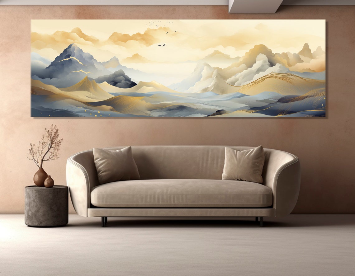Abstract Mountains Painting Mid Century Mountains Print Boho Wall Art Large Mid Century Wall Decor Framed And Ready To Hang