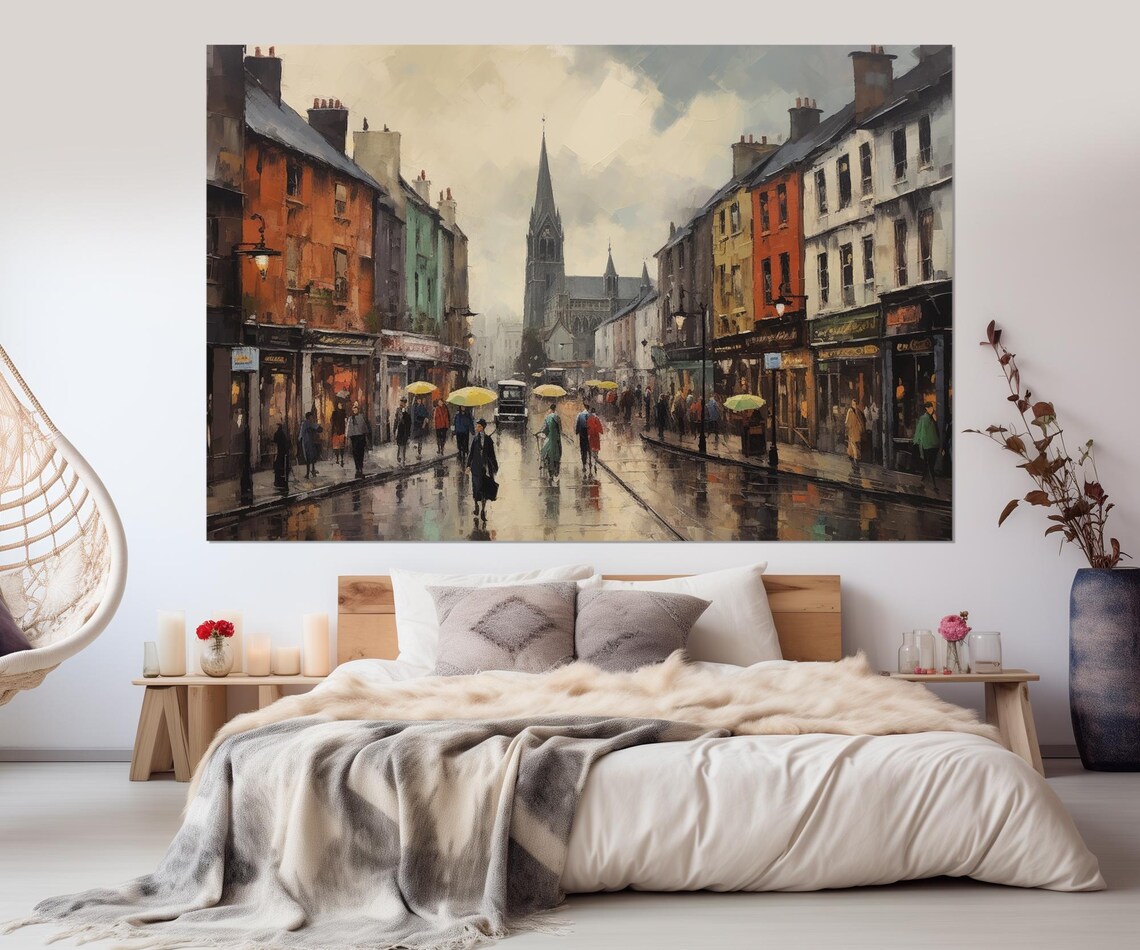 Dublin Ireland Rainy Old Town Street Umbrellas Church Spire Art Poster