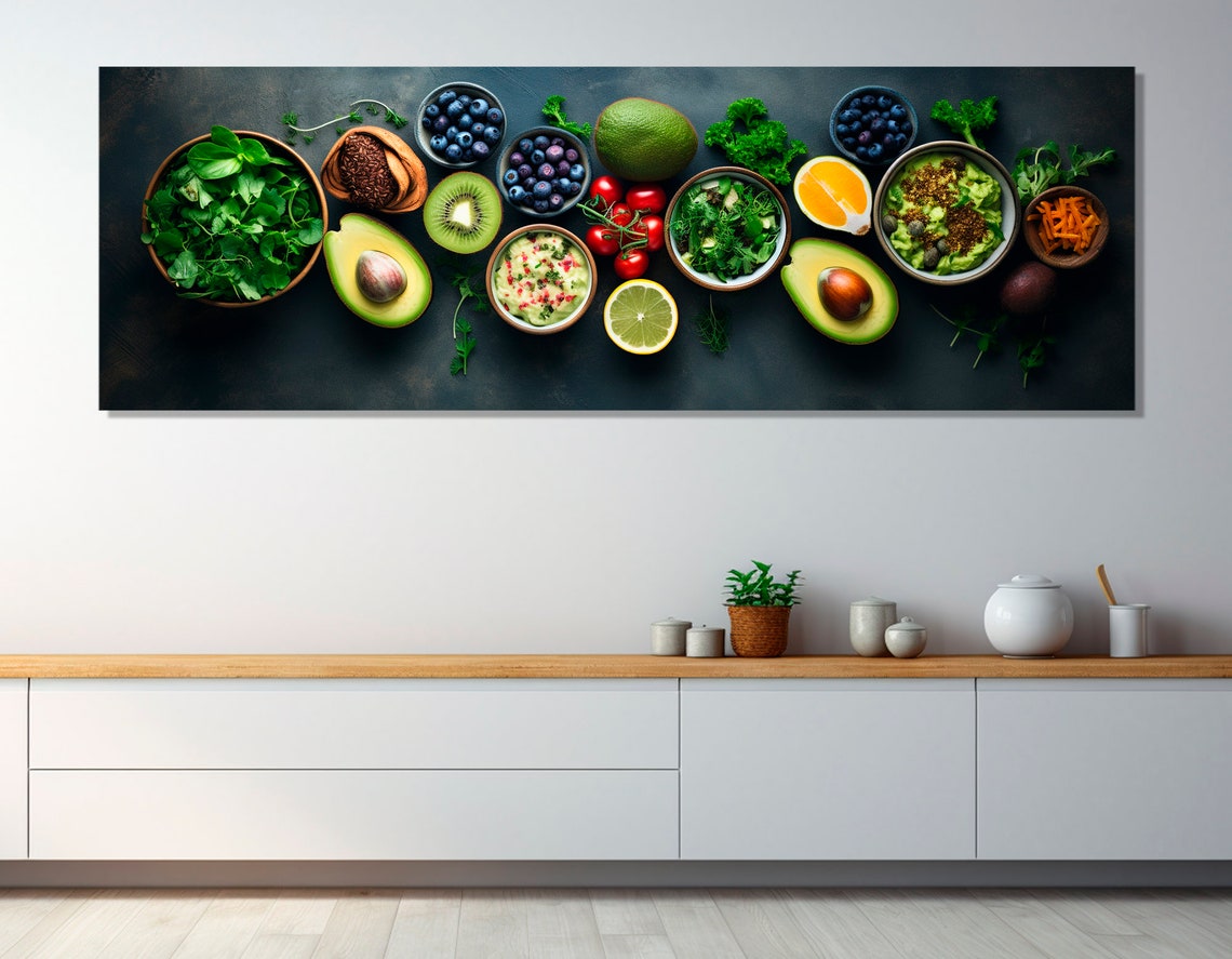 Fresh Healthy Food Flat Lay Avocado Berries Dark Kitchen Wall Art - Image 2
