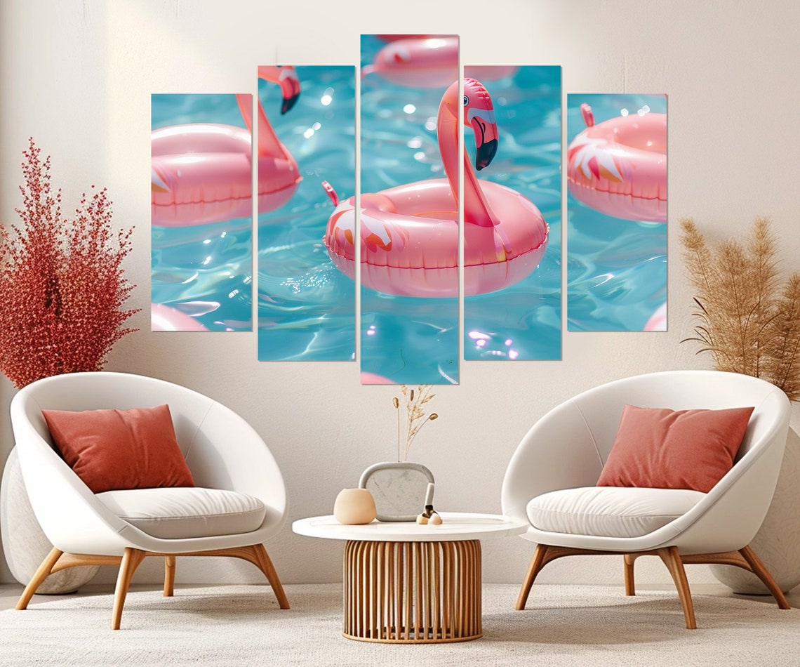 Pink Flamingo Pool Floats Sparkling Turquoise Water Summer Wall Art - Image 3