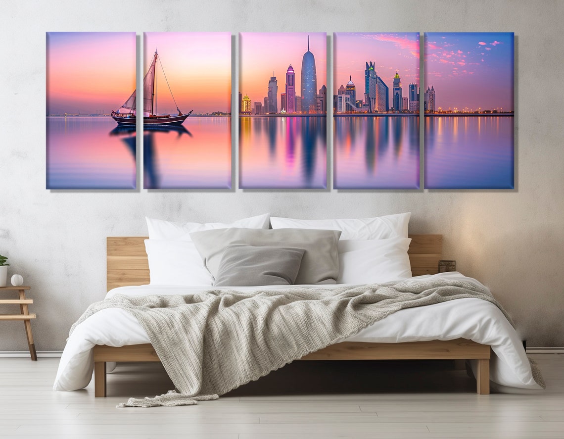 Arabian Gulf Skyline Sunset Dhow Boat Water Reflections Travel Poster - Image 3