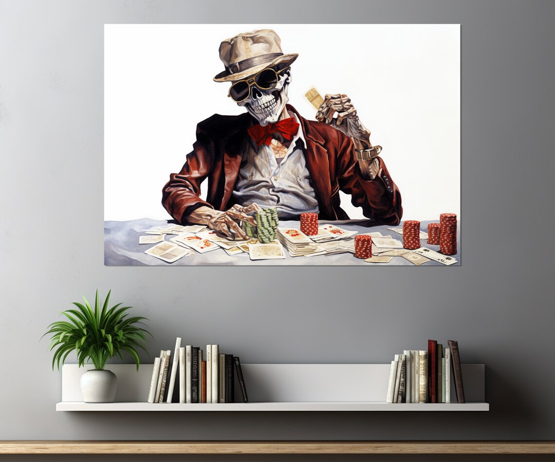 Skeleton In Sunglasses Playing Poker Chips Card Table Gambler Art Poster