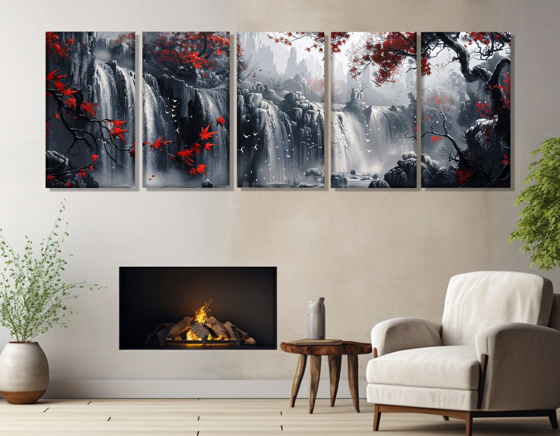 Abstract Waterfall and Red Trees Art Print, Black and White - Image 3