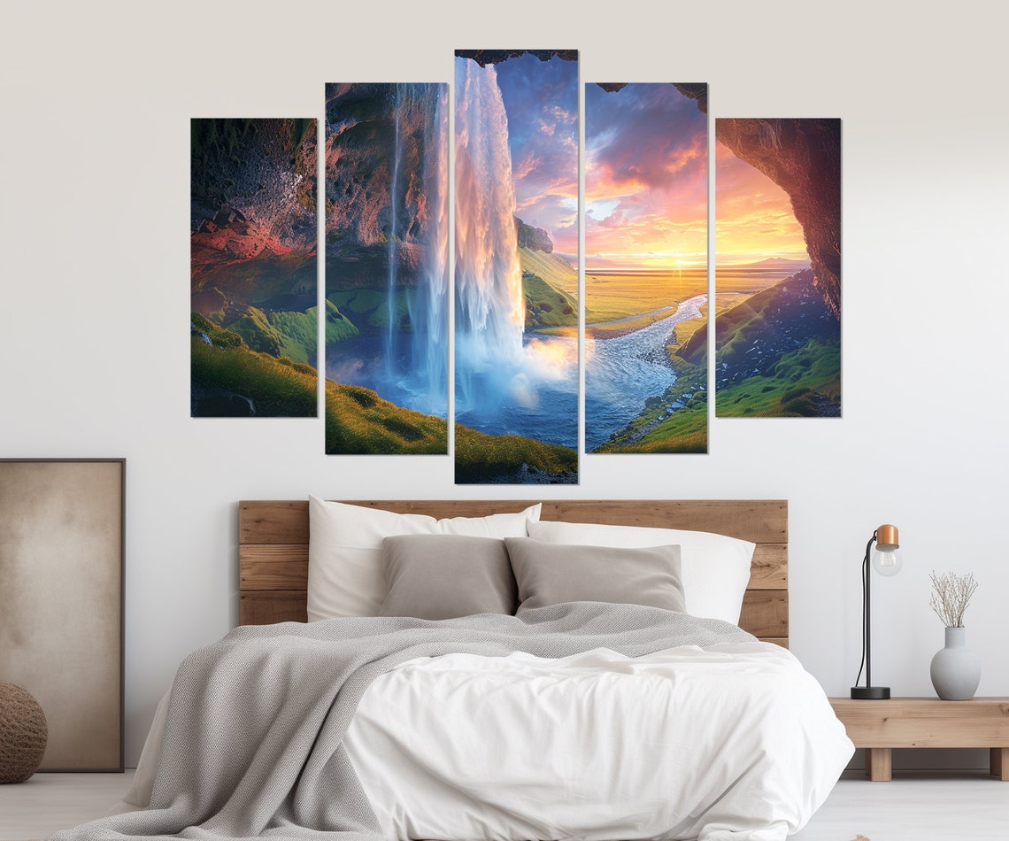 Waterfall Seljalandsfoss In Island Abstract Print Waterfall Painting Waterfall Print Iceland Nature Print Framed Ready To Hang - Image 3