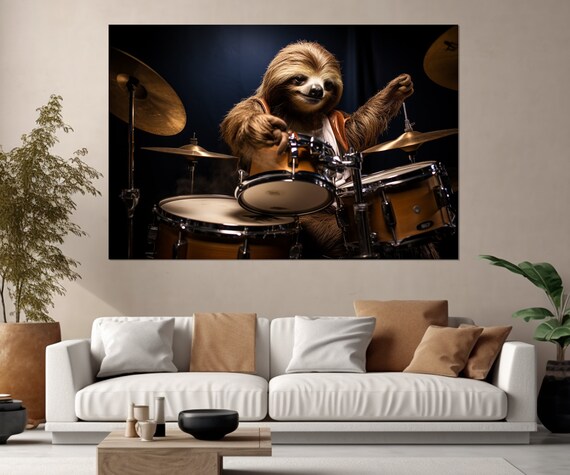 Sloth Drummer Playing Drum Kit On Dark Stage Funny Animal Musician Poster