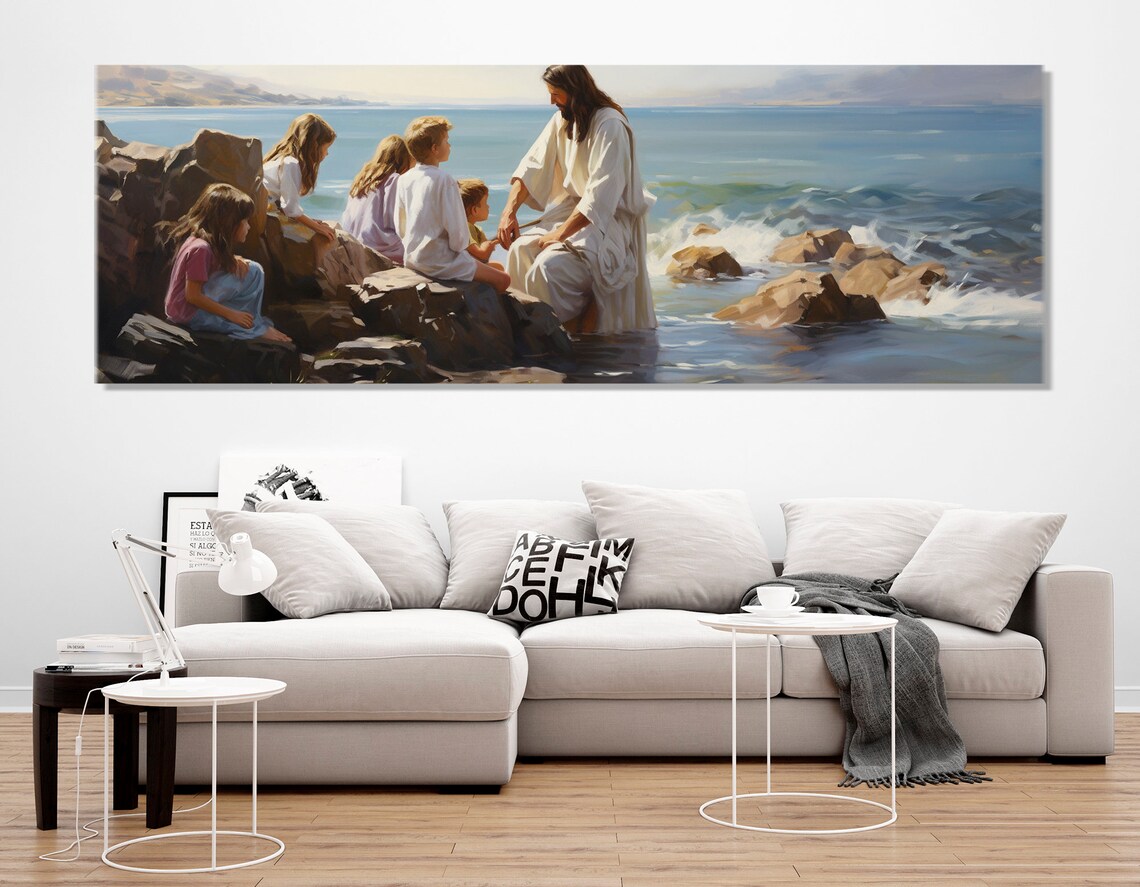 Jesus Teaching Children by the Sea Biblical Panoramic Christian Art Poster