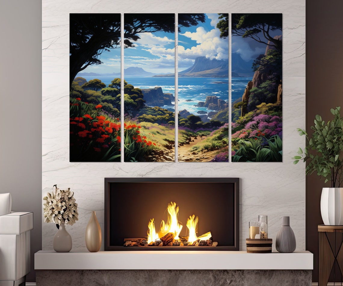 Tropical Volcanic Island Coastal Path Red Flowers Ocean Travel Poster - Image 3