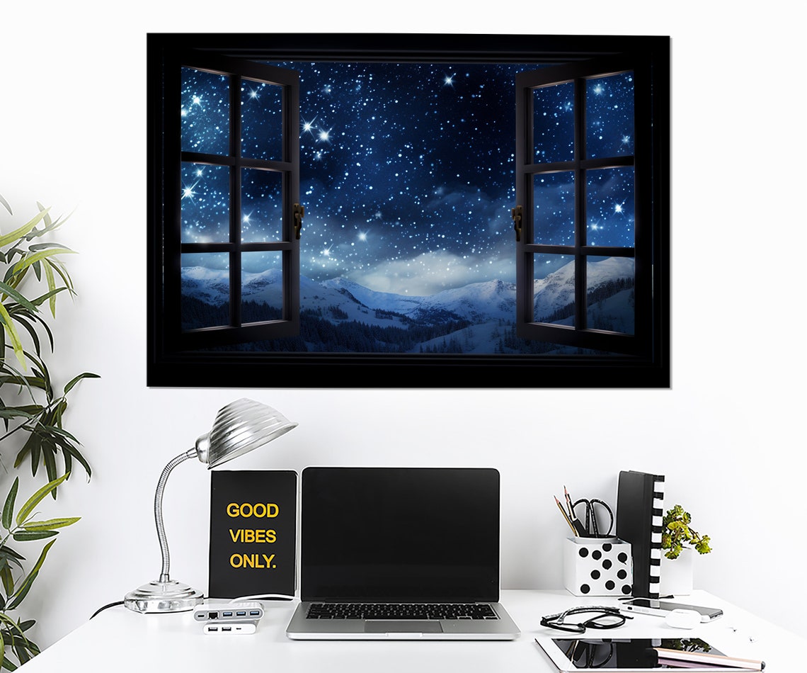 Snowy Mountains Starry Night Sky Open Window Winter Landscape Poster - Image 2
