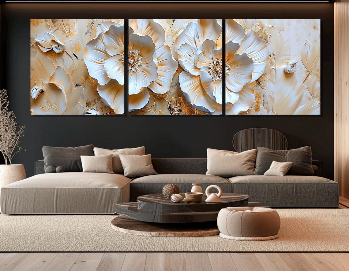 Luxury White Flowers Gold Tones 3D Relief Effect Panoramic Poster - Image 4