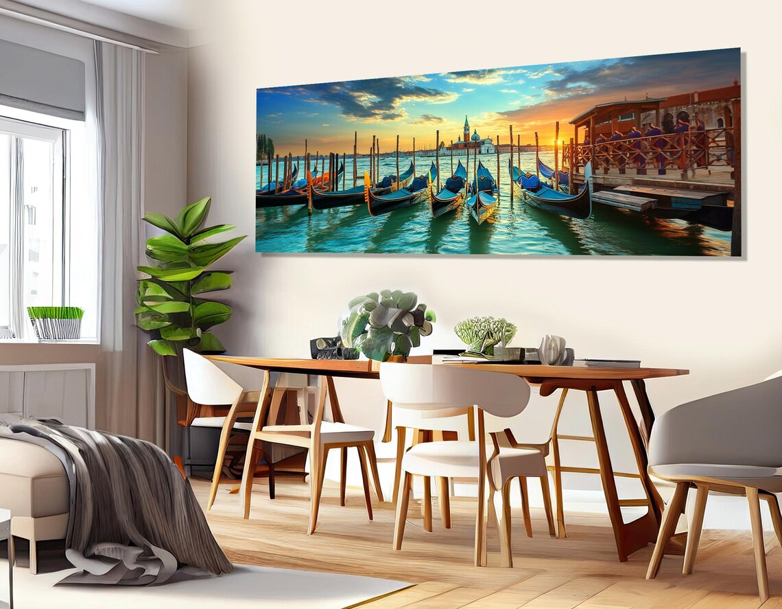 Venice Gondolas Sunset Moored Boats Golden Sky Panoramic Travel Poster - Image 3