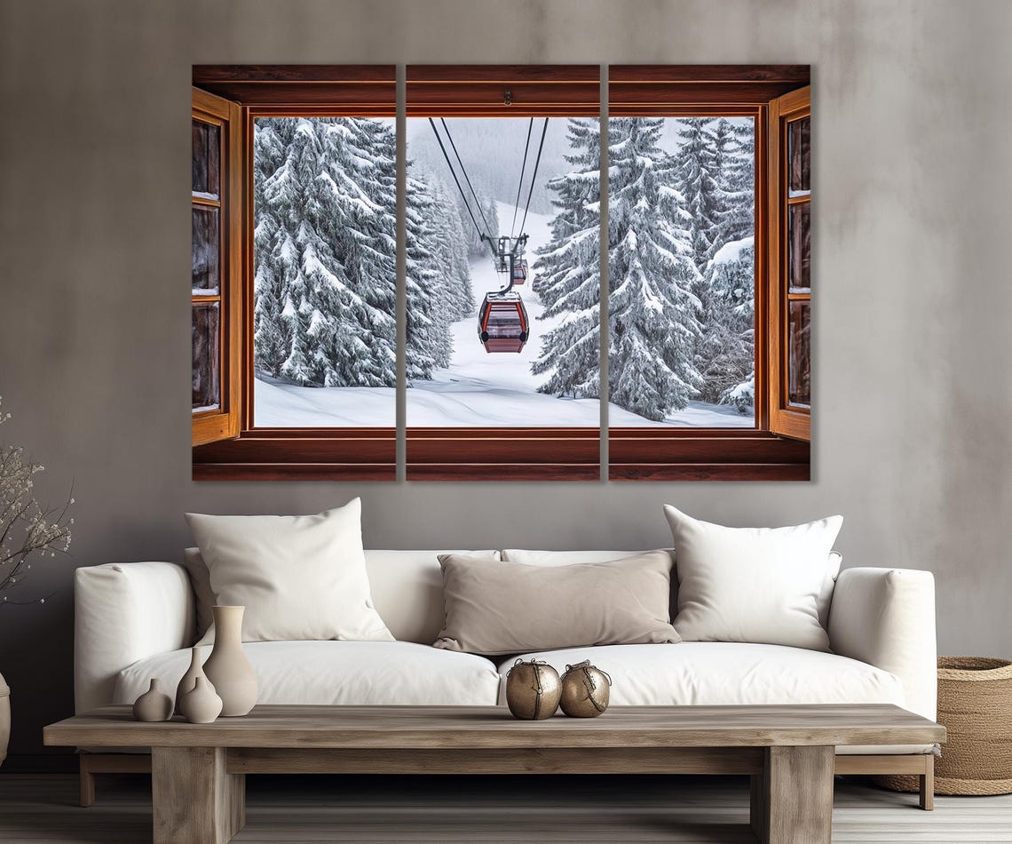 Winter Cable Car Faux Window Snowy Forest Mountain View Poster - Image 4