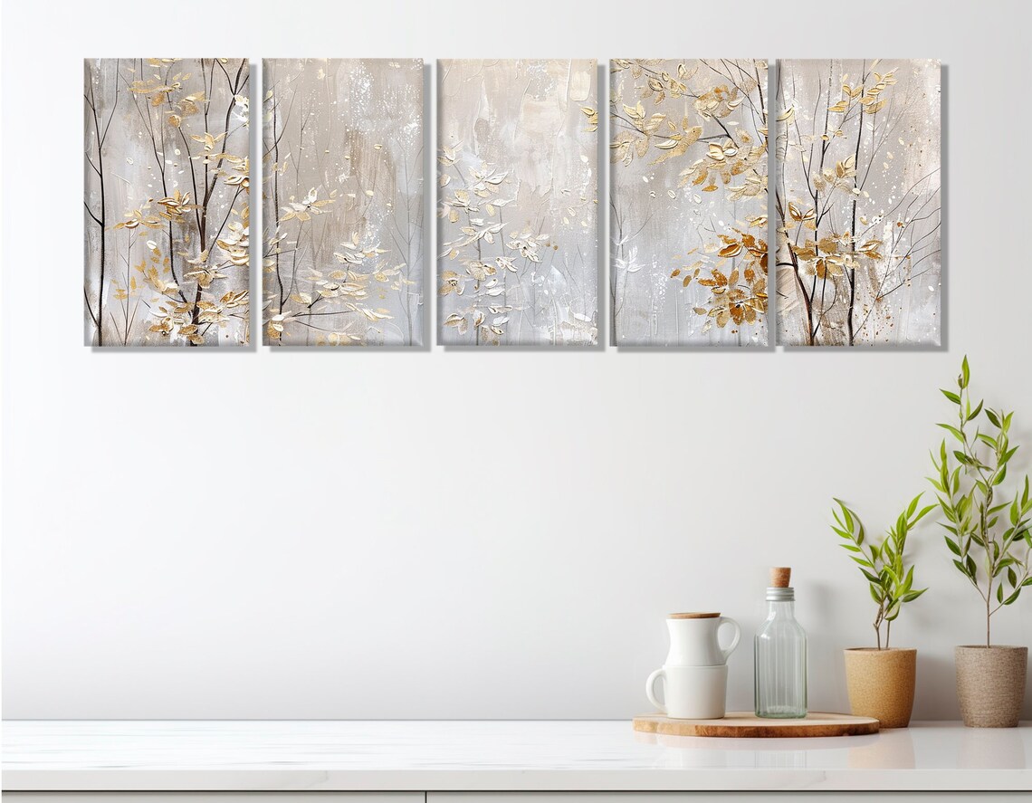 Winter Trees With Golden Leaves, Neutral Forest Art Print - Image 2